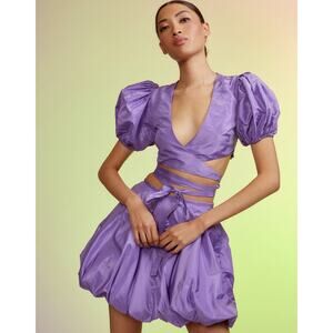 Cynthia Rowley Luna Taffeta Smocked Wrap Tie Top & Bubble Skirt in Purple